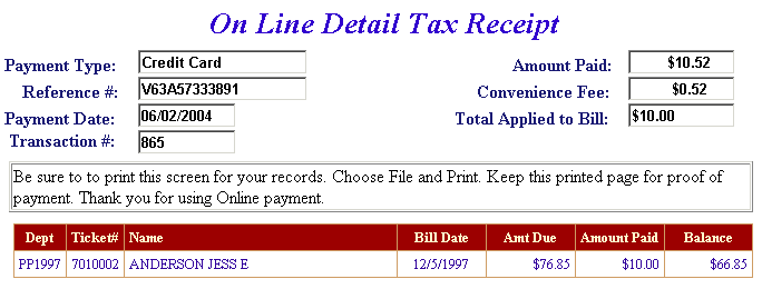 Receipt screen example